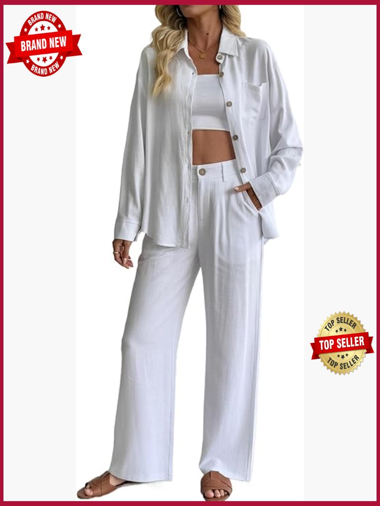 2 Piece Linen Blend Outfit - Long Sleeve Button Down Shirt & Wide Leg Pants Set